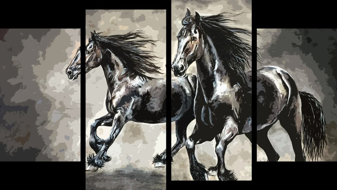 Black Stallions Galloping – 4 Panels