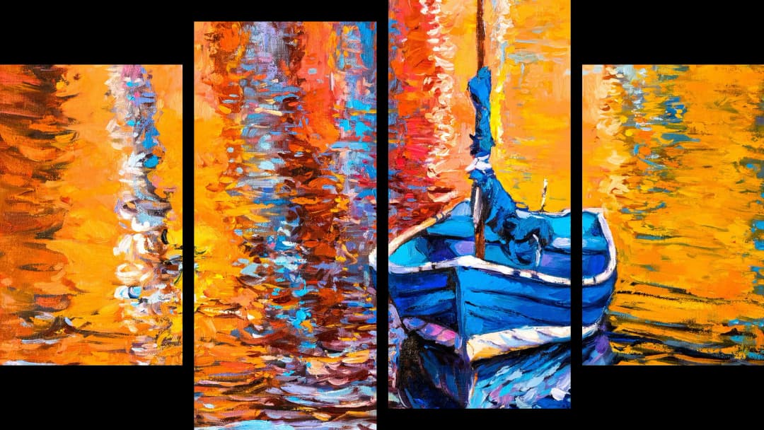 Blue Boat Water Reflections – 4 Panels