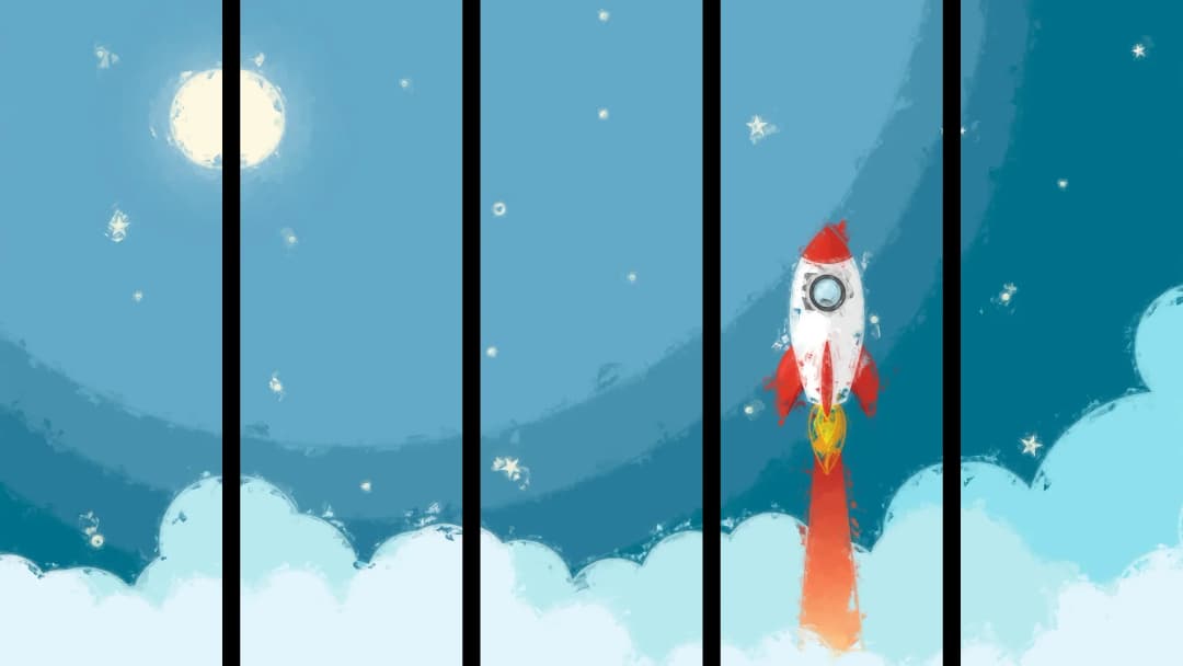Cartoon Rocket Space Launch – 5 Panels Straight