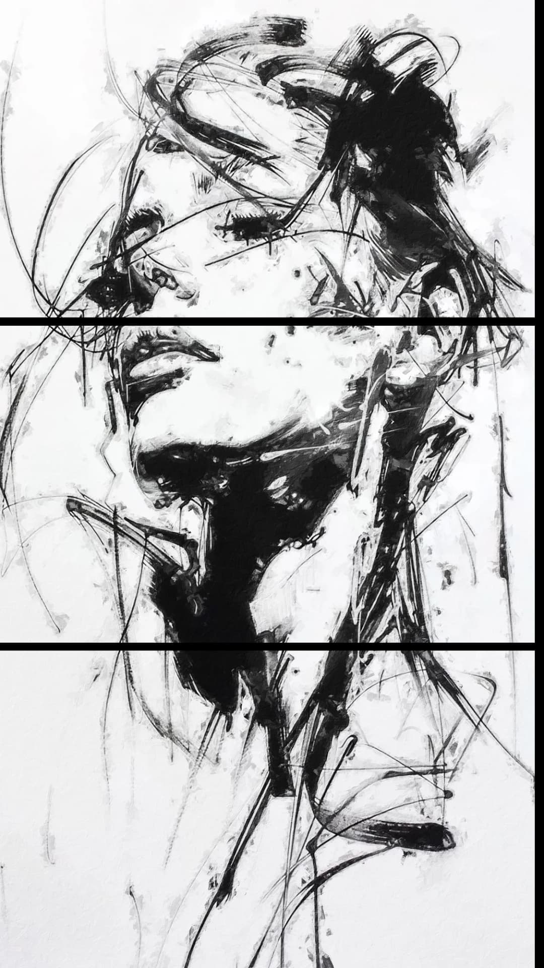 Charcoal Ink Sketch – 3 Panels