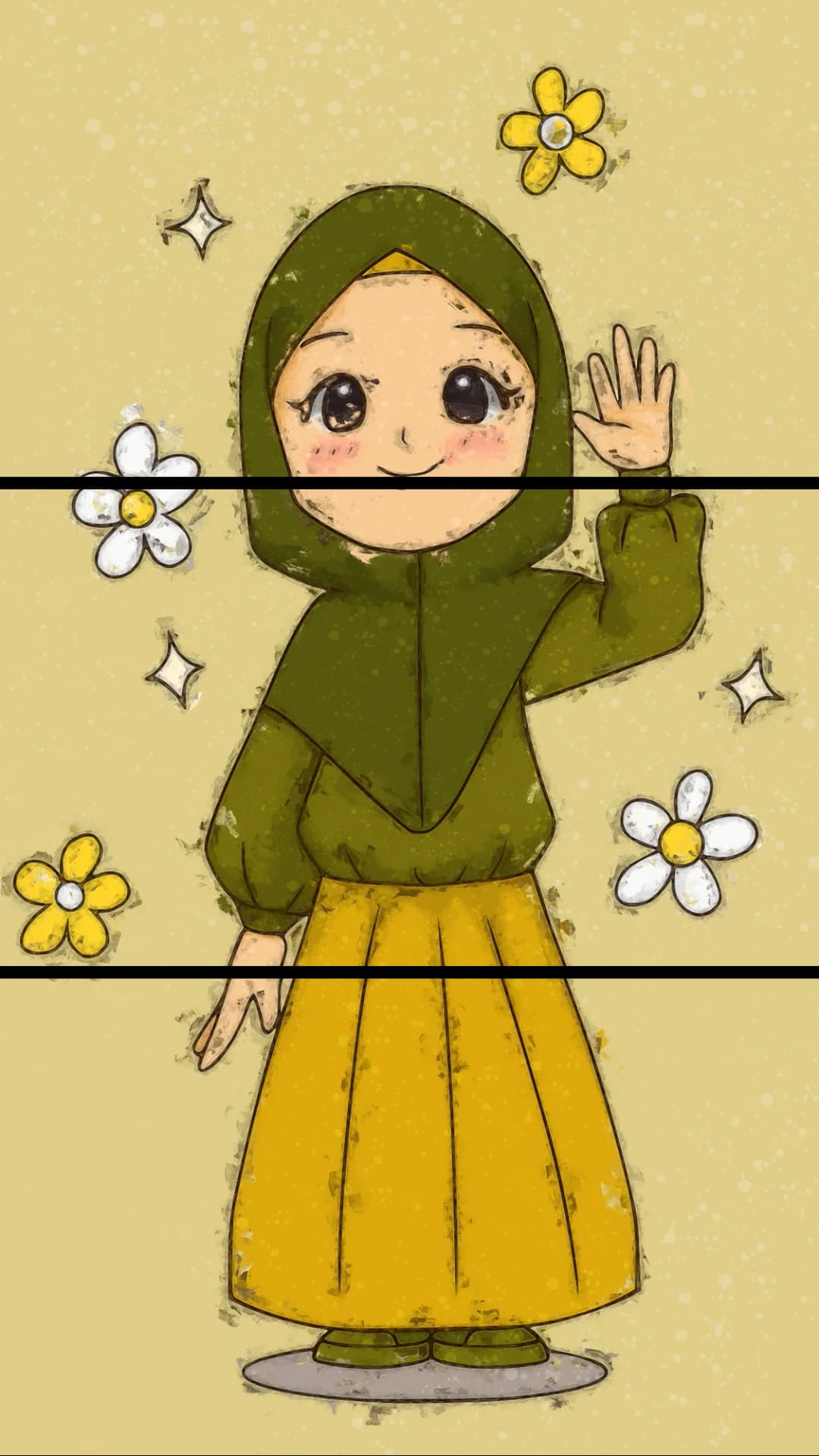 Cute Hijabi Girl Waving – 3 Panels