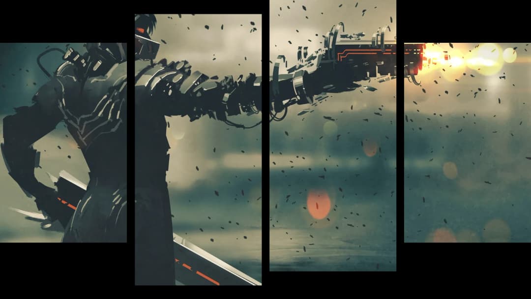 Cyberpunk Warrior Shooting – 4 Panels