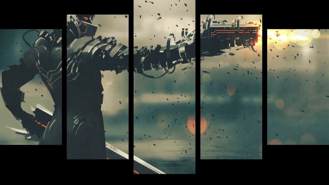 Cyberpunk Warrior Shooting – 5 Panels Hierarchy