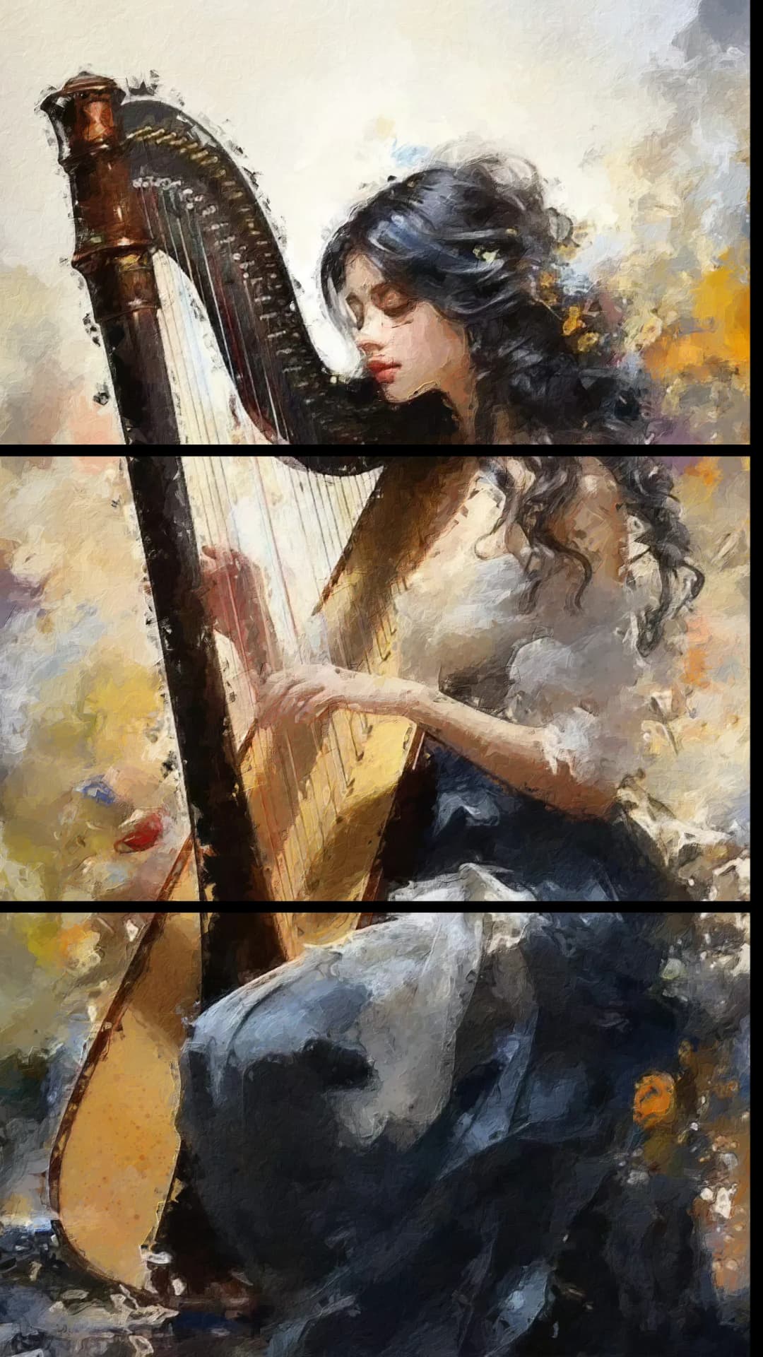 Elegant Harpist Flowers – 3 Panels