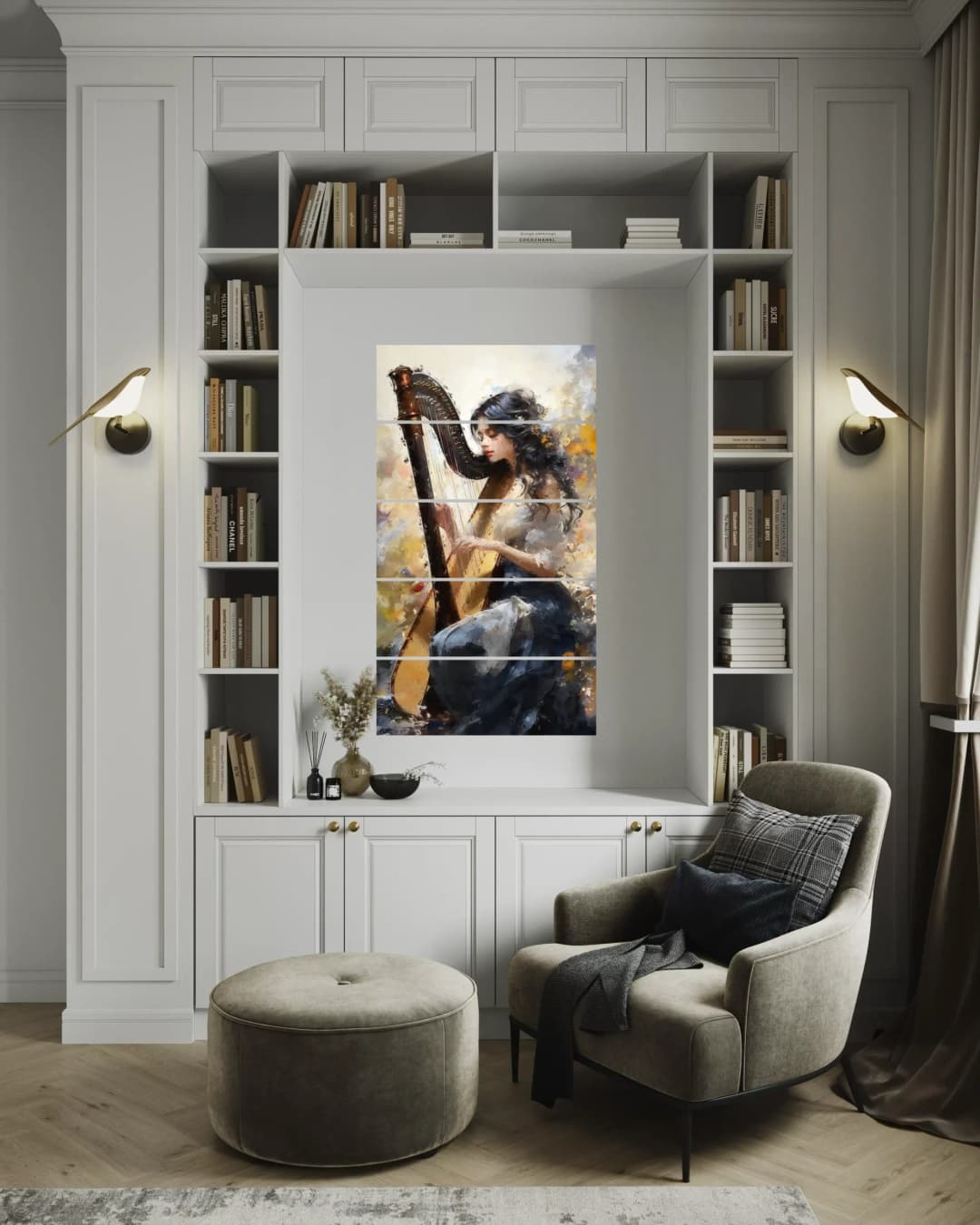 Elegant Harpist Flowers – 5 Panels Straight