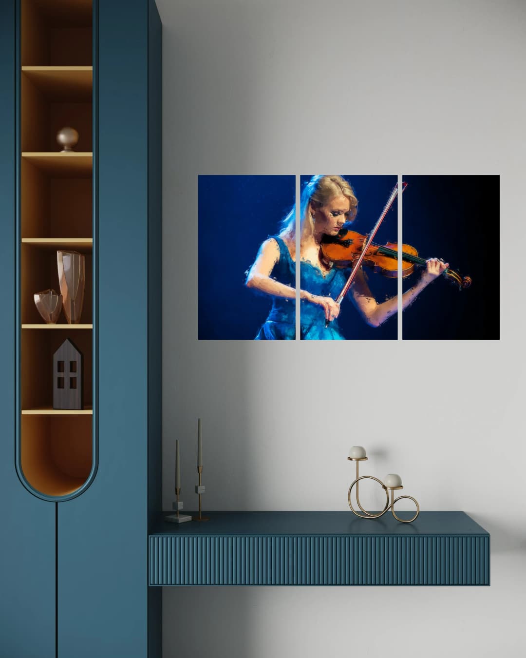 Elegant Violinist Blue – 3 Panels