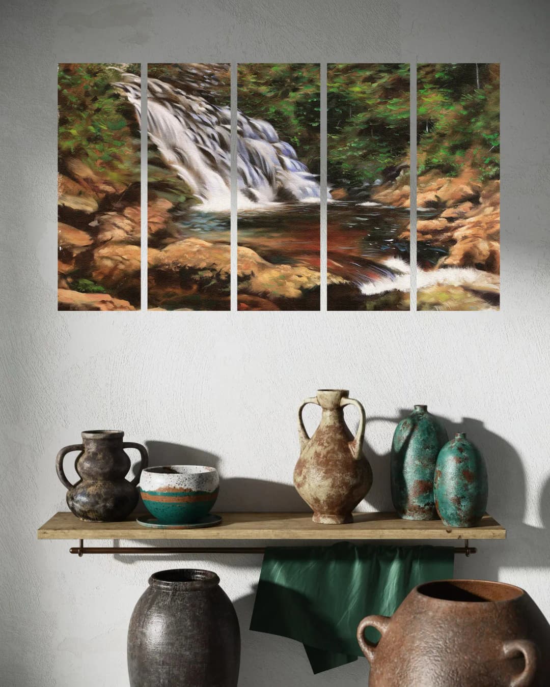 Forest Waterfall Rocky Stream – 5 Panels Straight