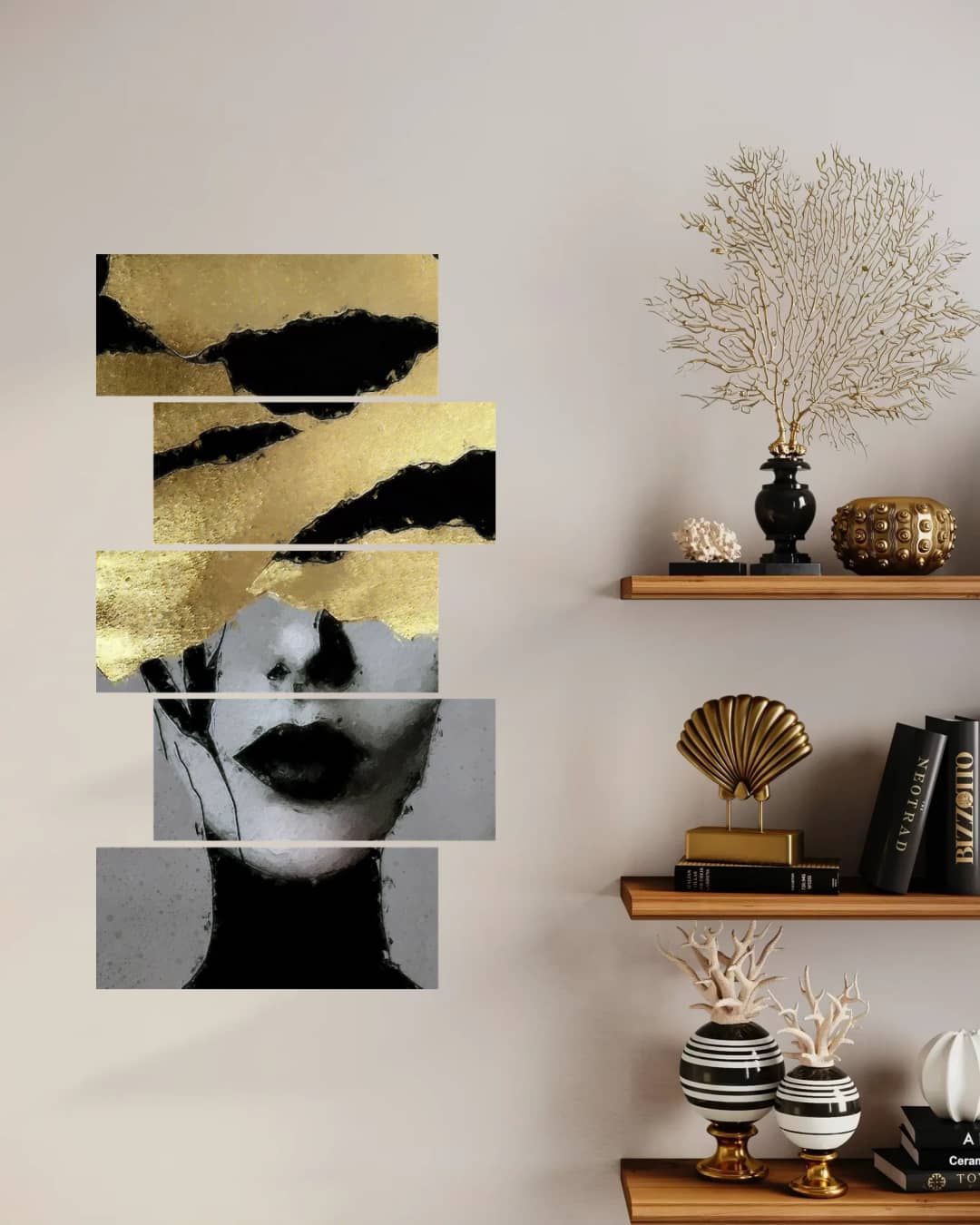Gold Leaf Face Art – 5 Panels Up & Down