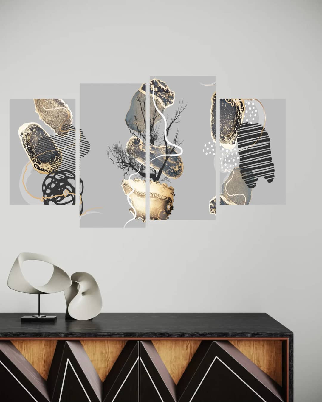 Gold Mixed Media Clusters – 4 Panels