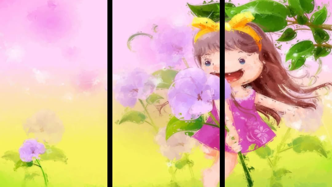 Joyful Girl Purple Flowers – 3 Panels