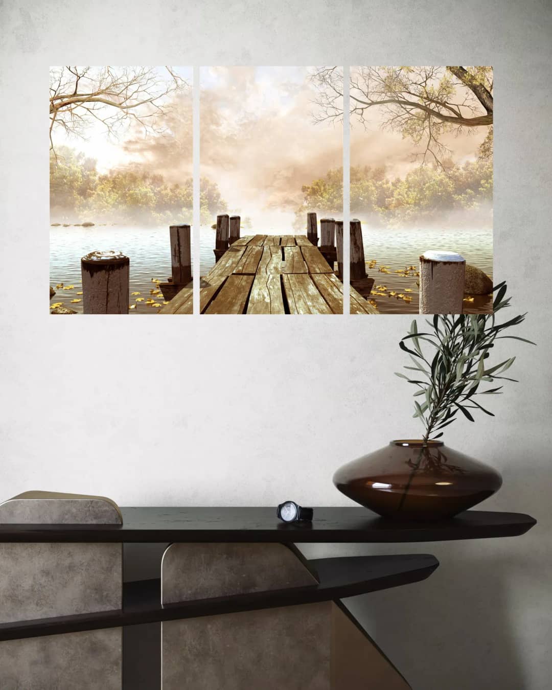 Misty Autumn Dock – 3 Panels