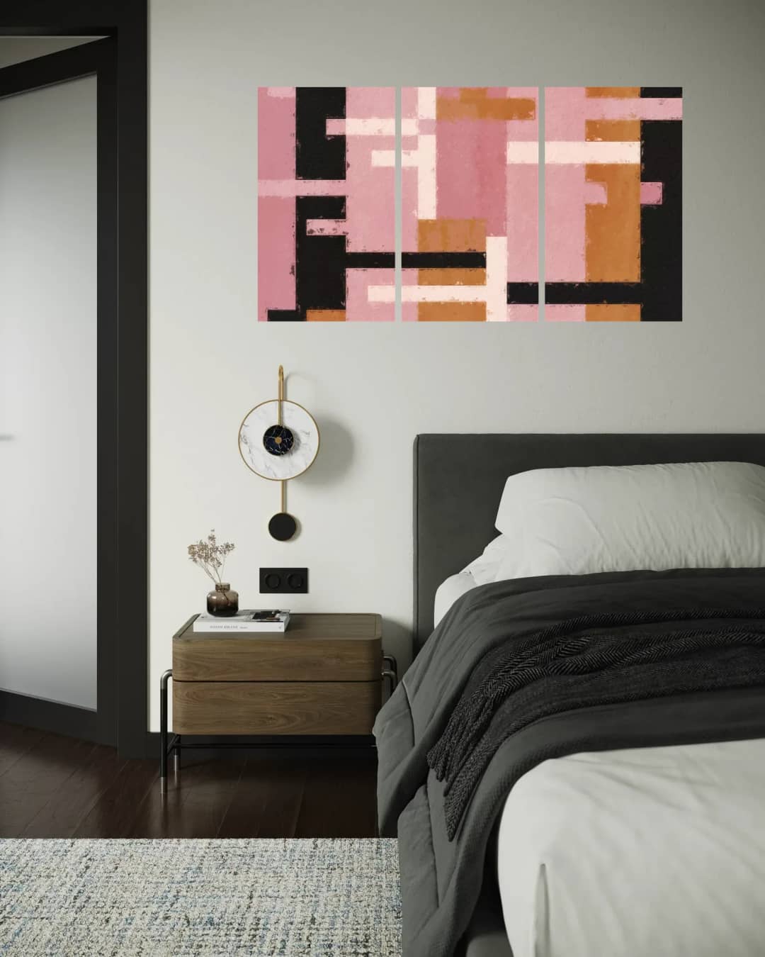 Pink Black Geometric – 3 Panels