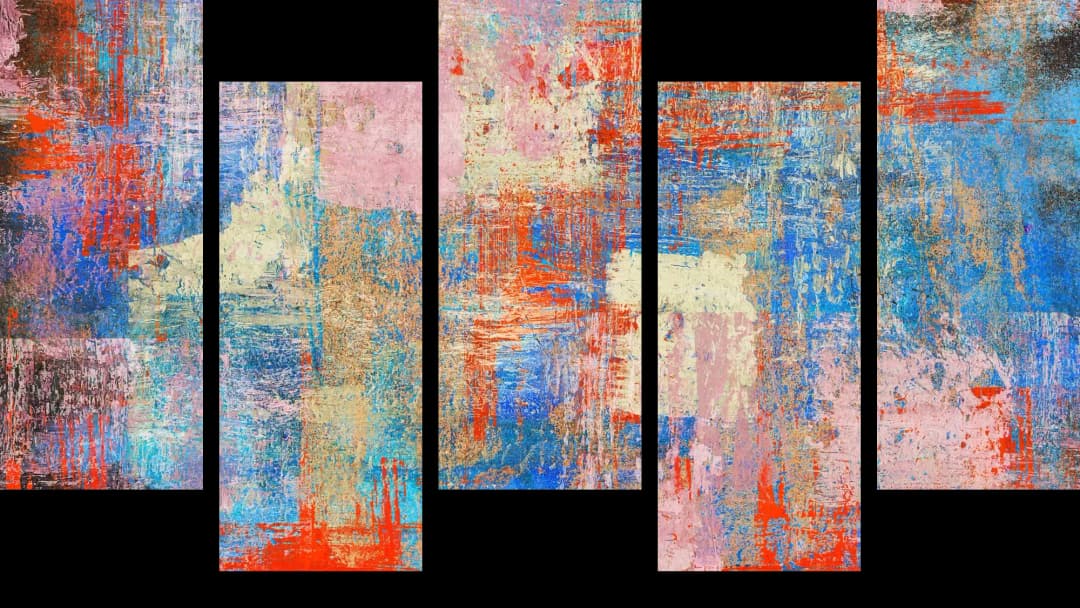 Red Blue Textured Abstract – 5 Panels Up & Down