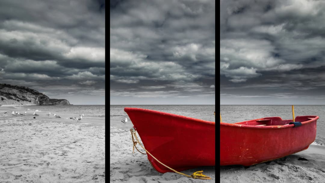 Red Boat Stormy Beach – 3 Panel