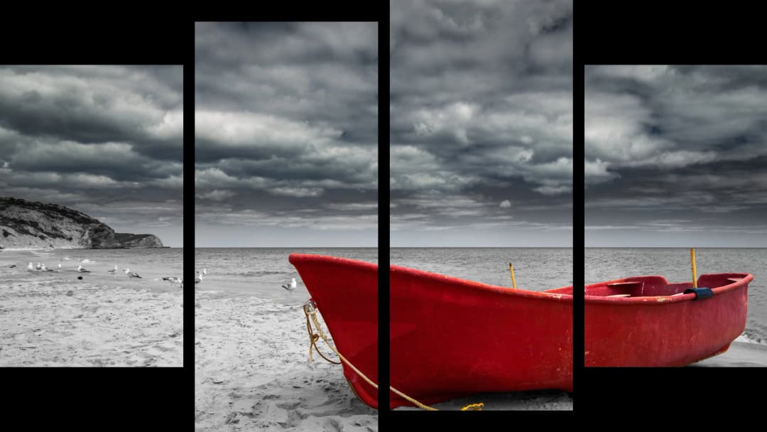 Red Boat Stormy Beach – 4 Panels