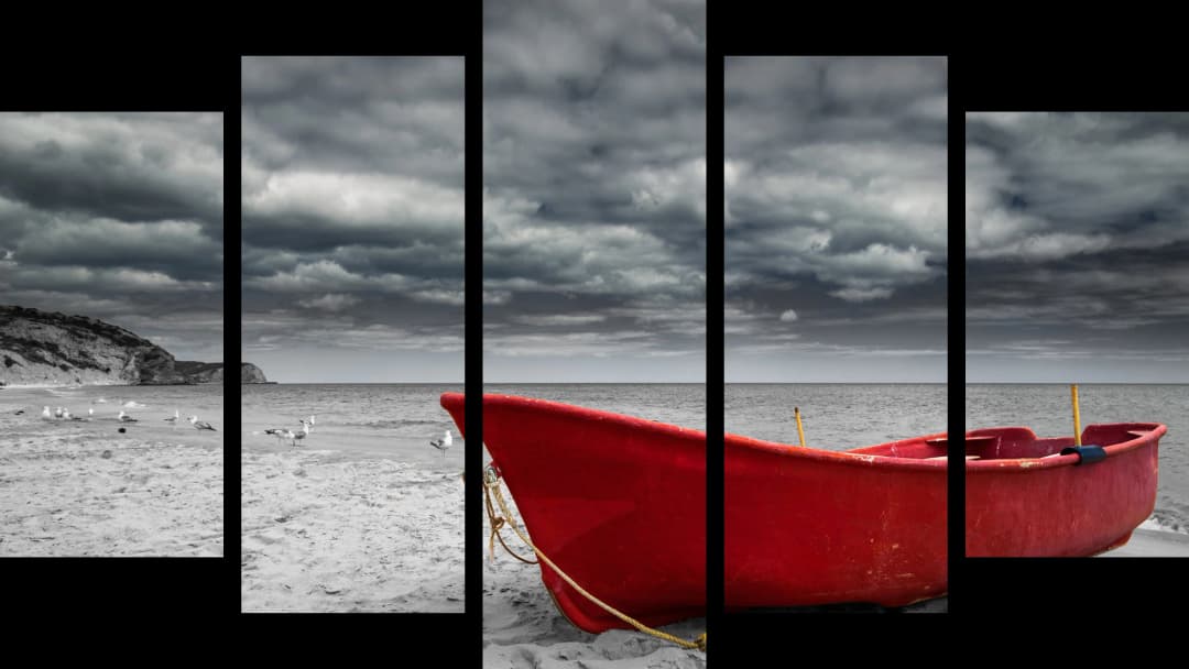 Red Boat Stormy Beach – 5 Panels Hierarchy