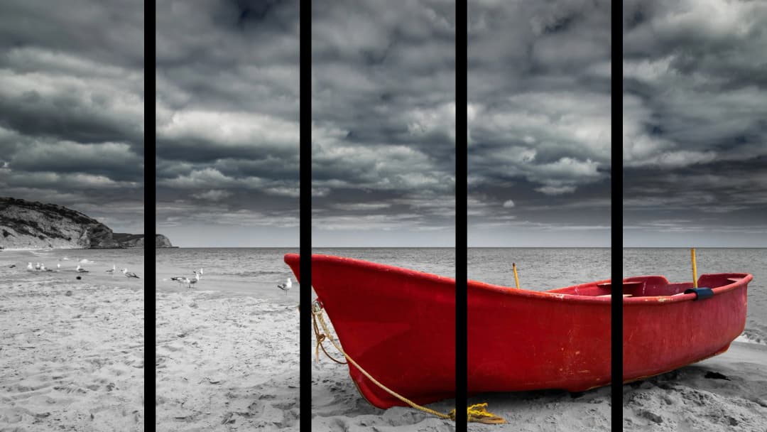 Red Boat Stormy Beach – 5 Panels Straight