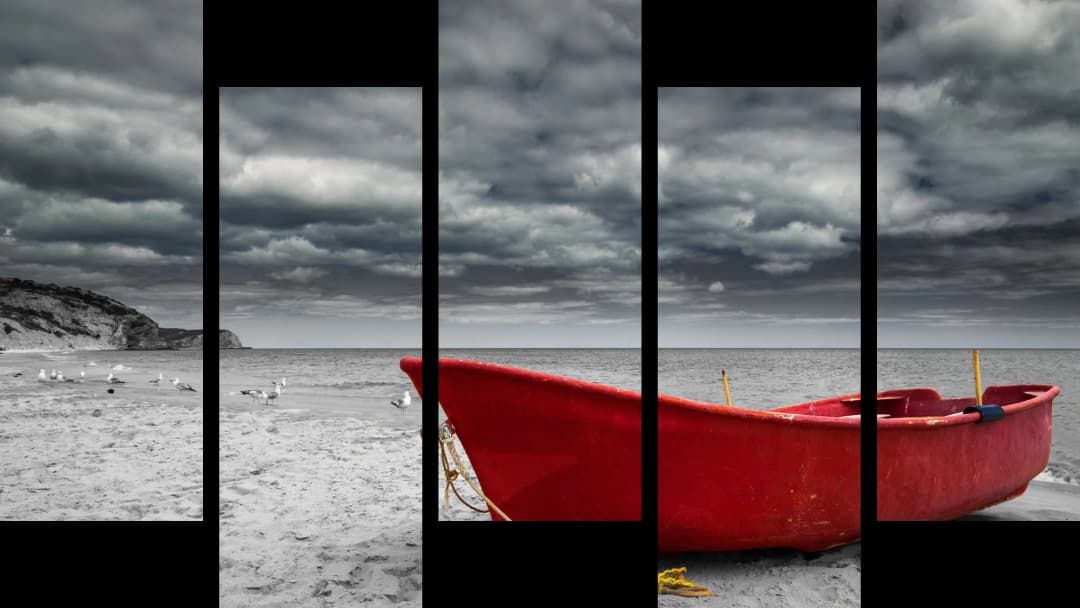 Red Boat Stormy Beach – 5 Panels Up & Down