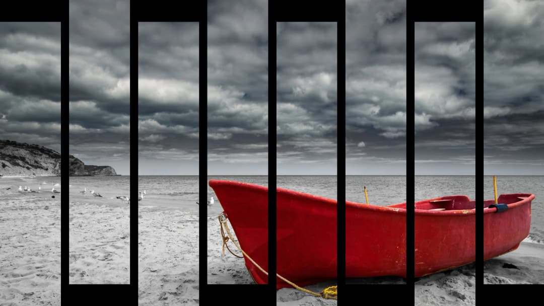 Red Boat Stormy Beach – 8 Panels Up & Down