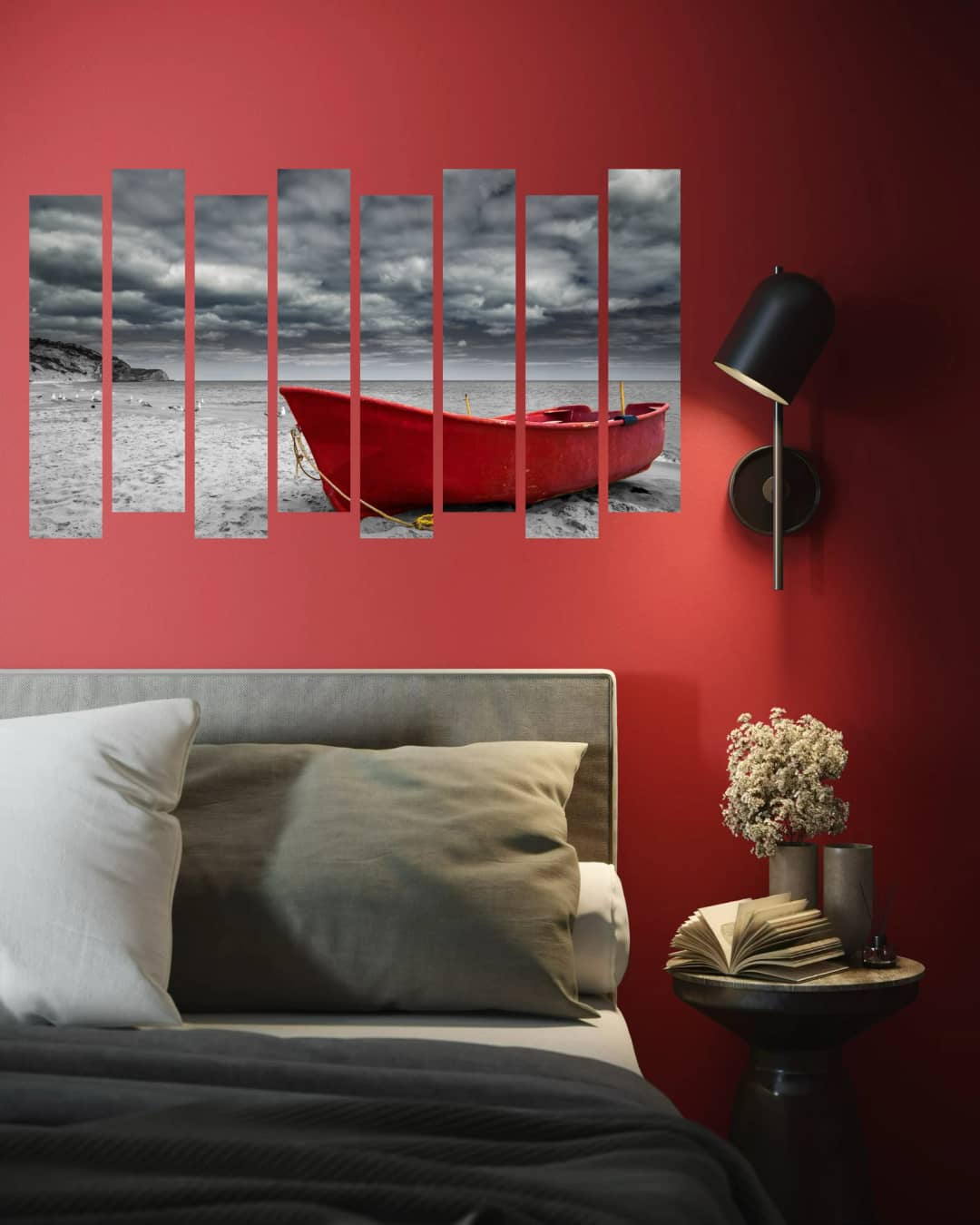 Red Boat Stormy Beach – 8 Panels Up & Down