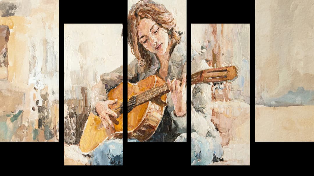 Smiling Guitar Player – 5 Panels Up & Down