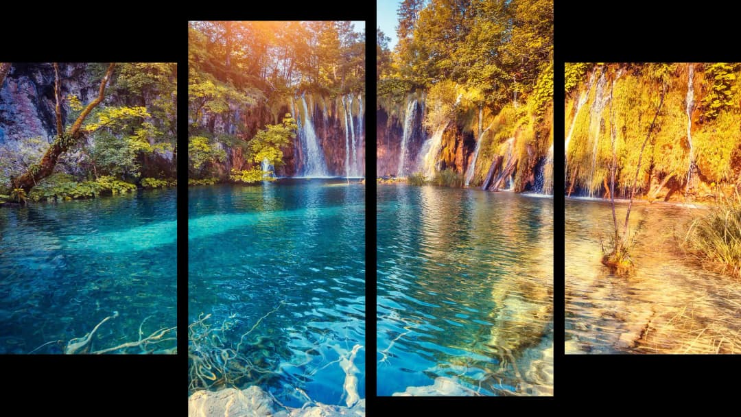 Turquoise Lake Sunlit Waterfalls – 4 Panels