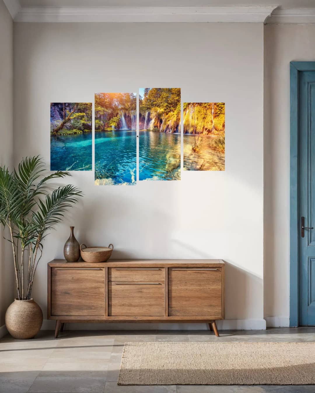 Turquoise Lake Sunlit Waterfalls – 4 Panels