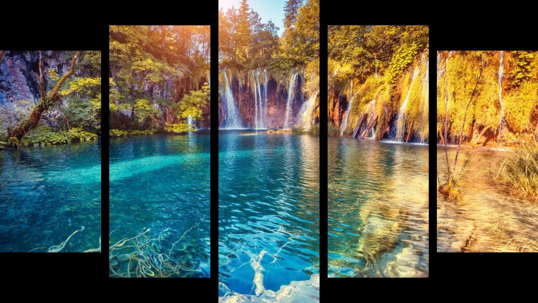 Turquoise Lake Sunlit Waterfalls – 5 Panels Hierarchy