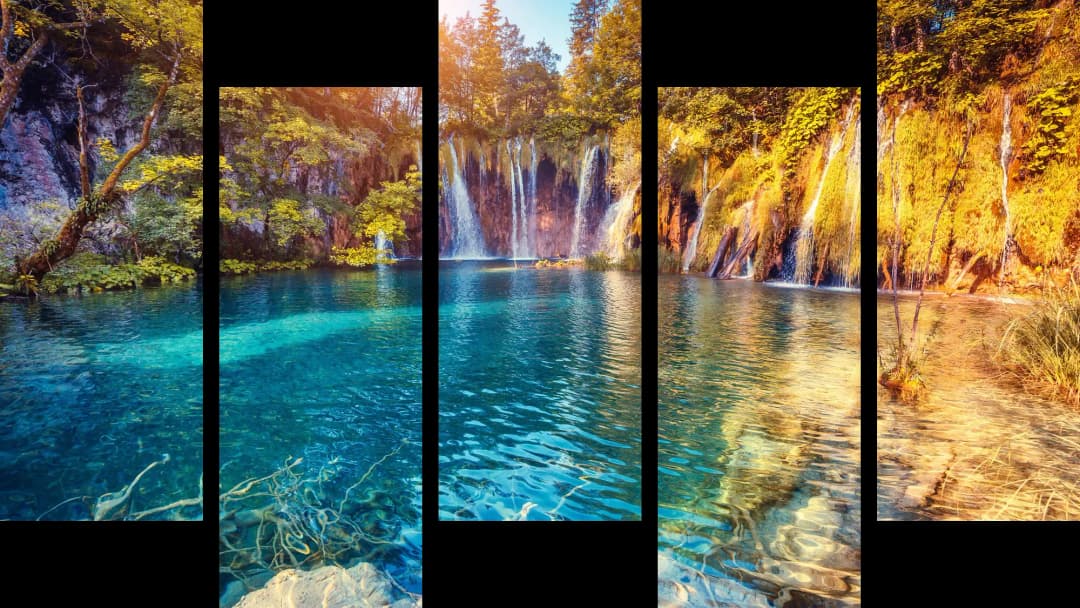 Turquoise Lake Sunlit Waterfalls – 5 Panels Up & Down