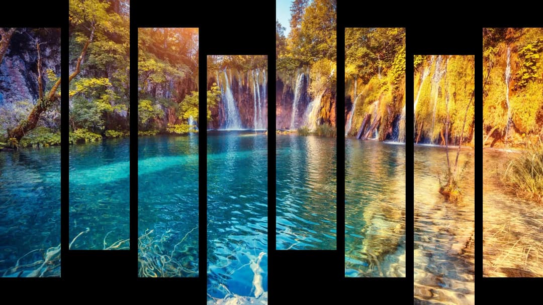 Turquoise Lake Sunlit Waterfalls – 8 Panels Hierarchy