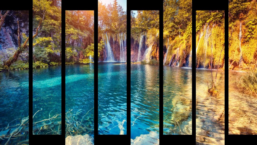 Turquoise Lake Sunlit Waterfalls – 8 Panels Up & Down