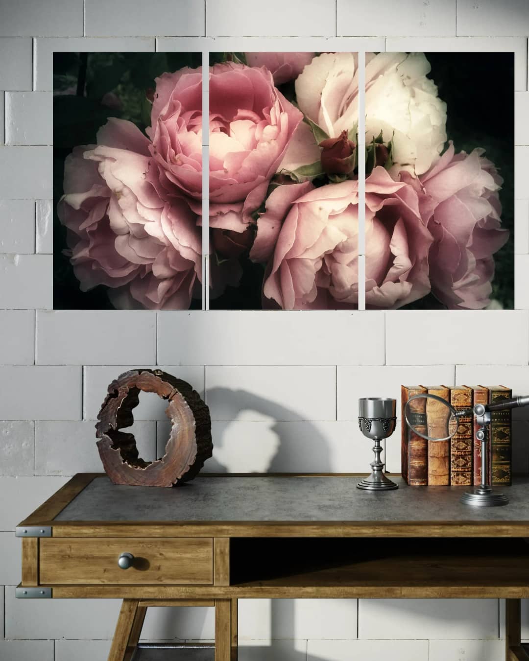 Vintage Pink Roses – 3 Panels
