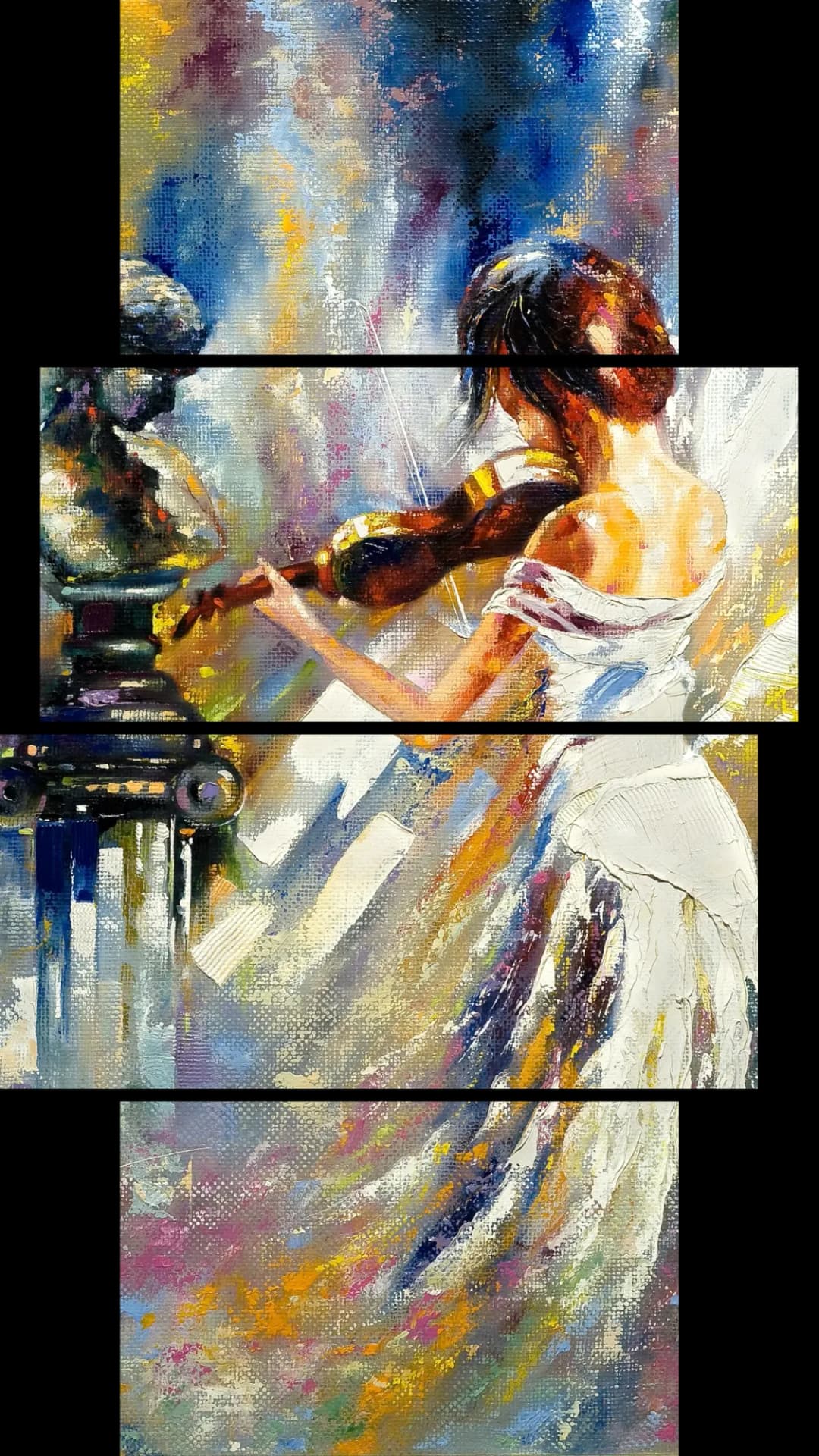 Violinist Beside Sculpture – 4 Panels