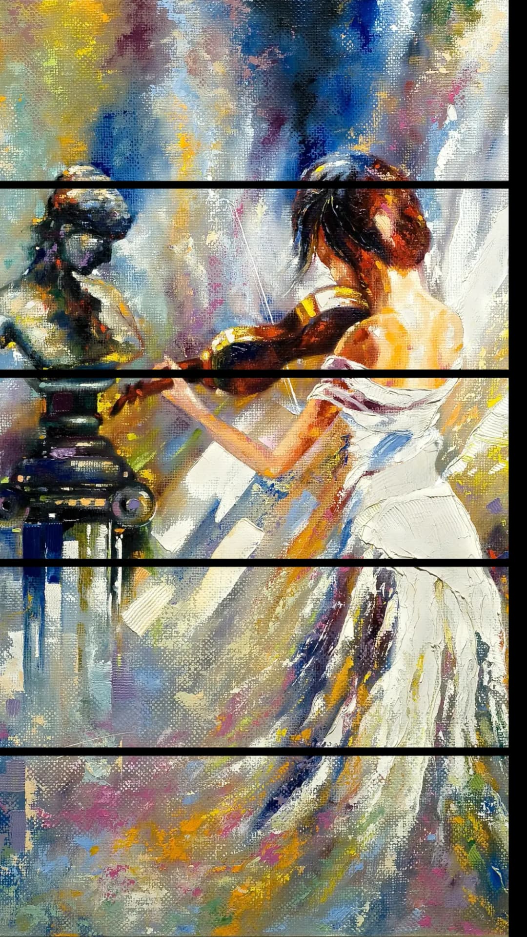 Violinist Beside Sculpture – 5 Panels Straight