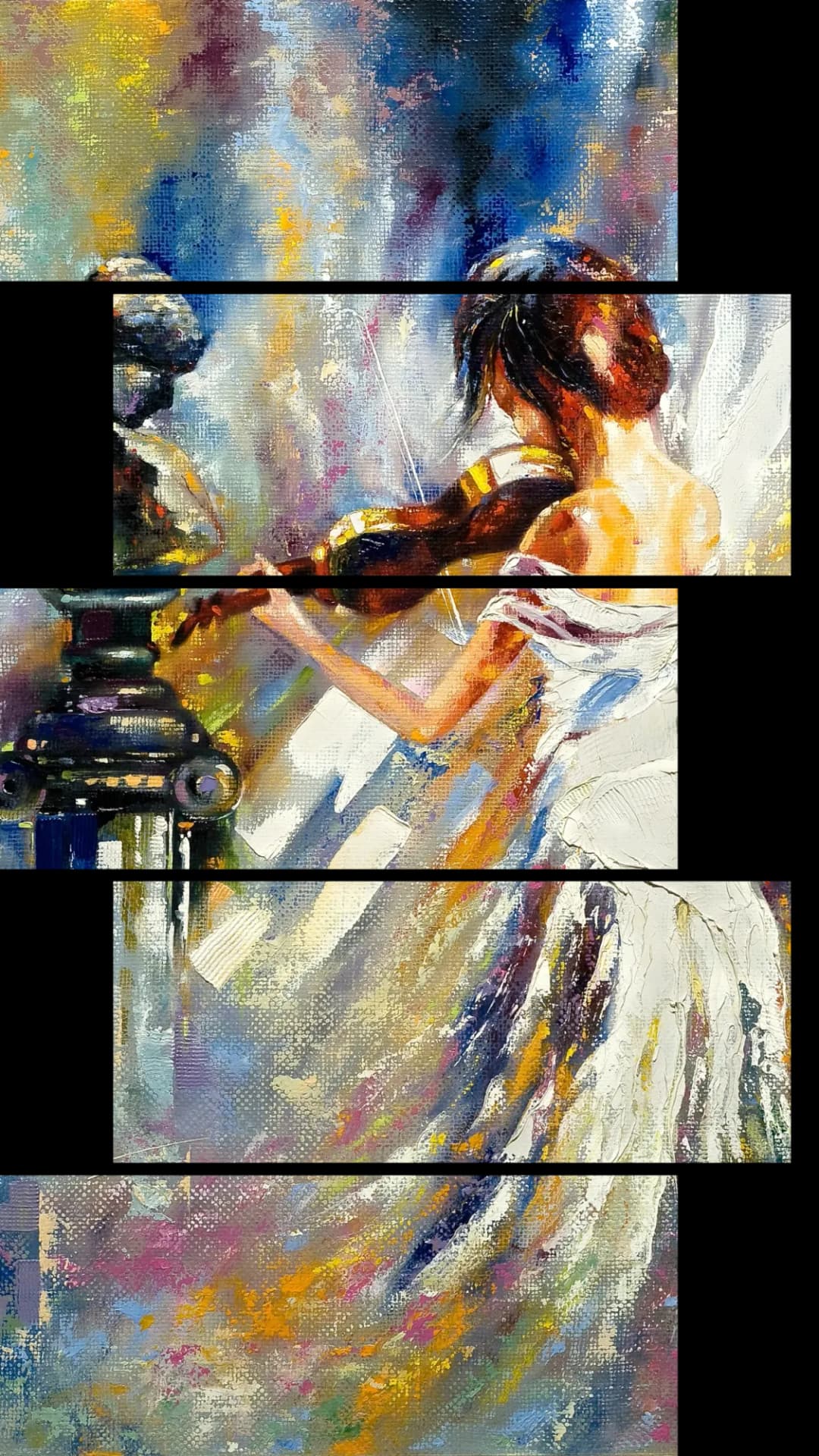 Violinist Beside Sculpture – 5 Panels Up & Down