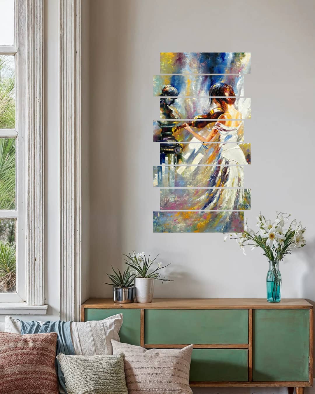 Violinist Beside Sculpture – 8 Panels Up & Down