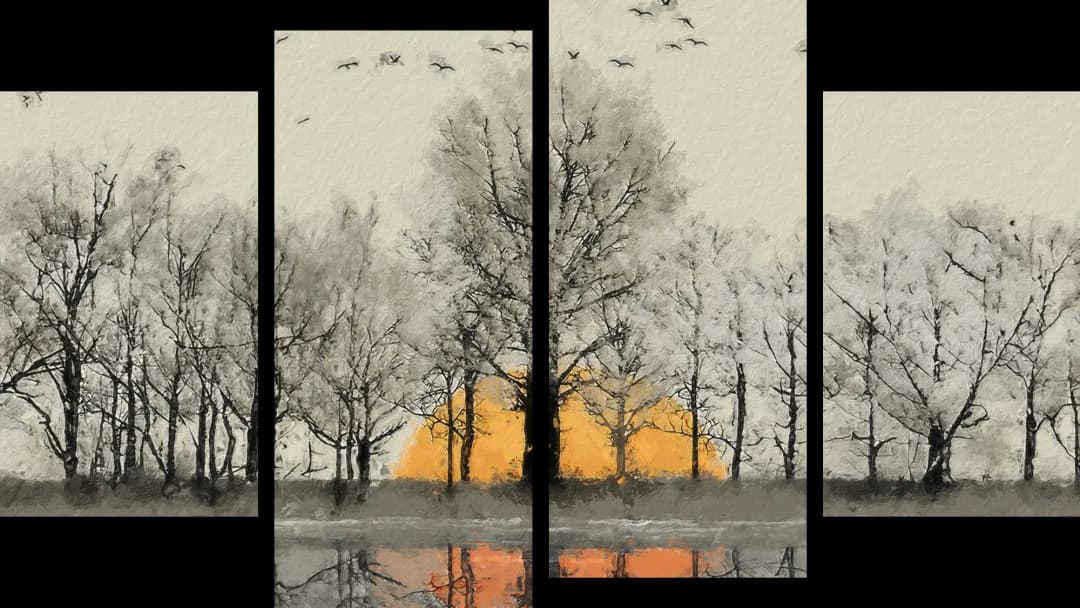 Winter Birds Sunset Reflection – 4 Panels