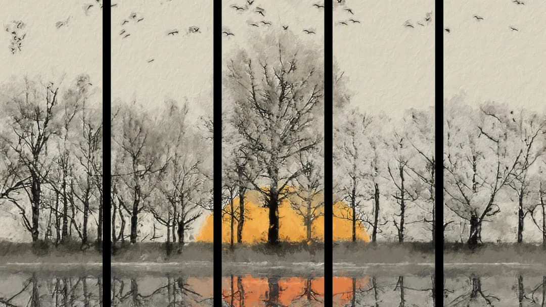 Winter Birds Sunset Reflection – 5 Panels Straight