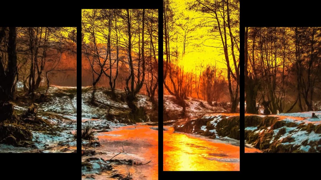 Winter Forest Snowy Stream – 4 Panels
