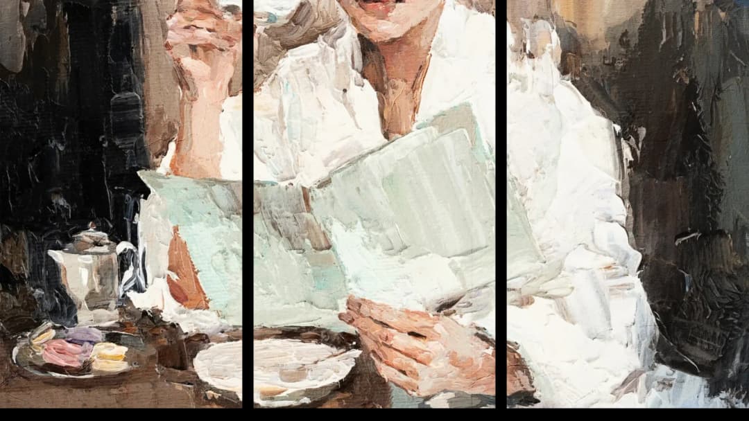 Woman Reading at Cafe – 3 Panels