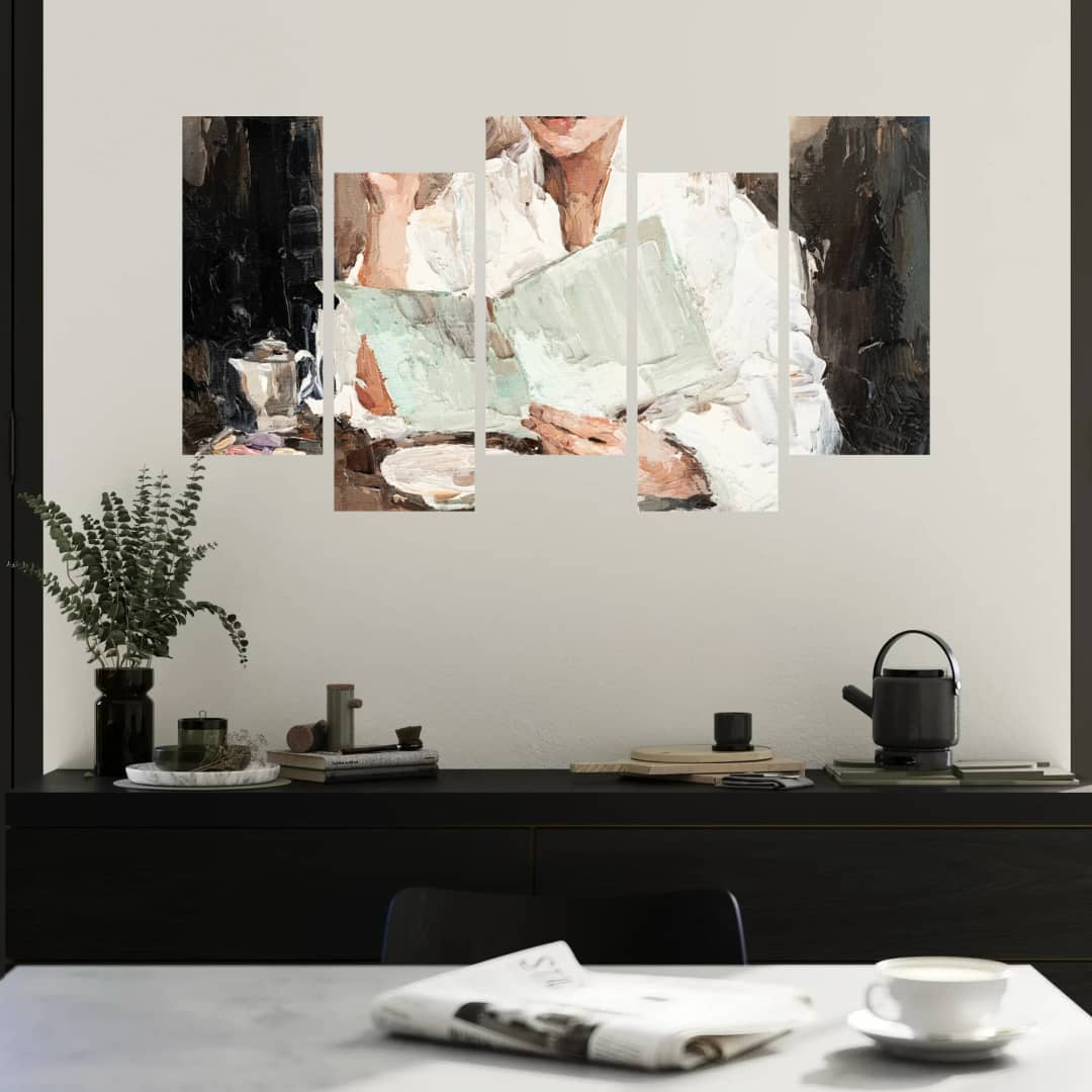 Woman Reading at Cafe – 5 Panels Up & Down