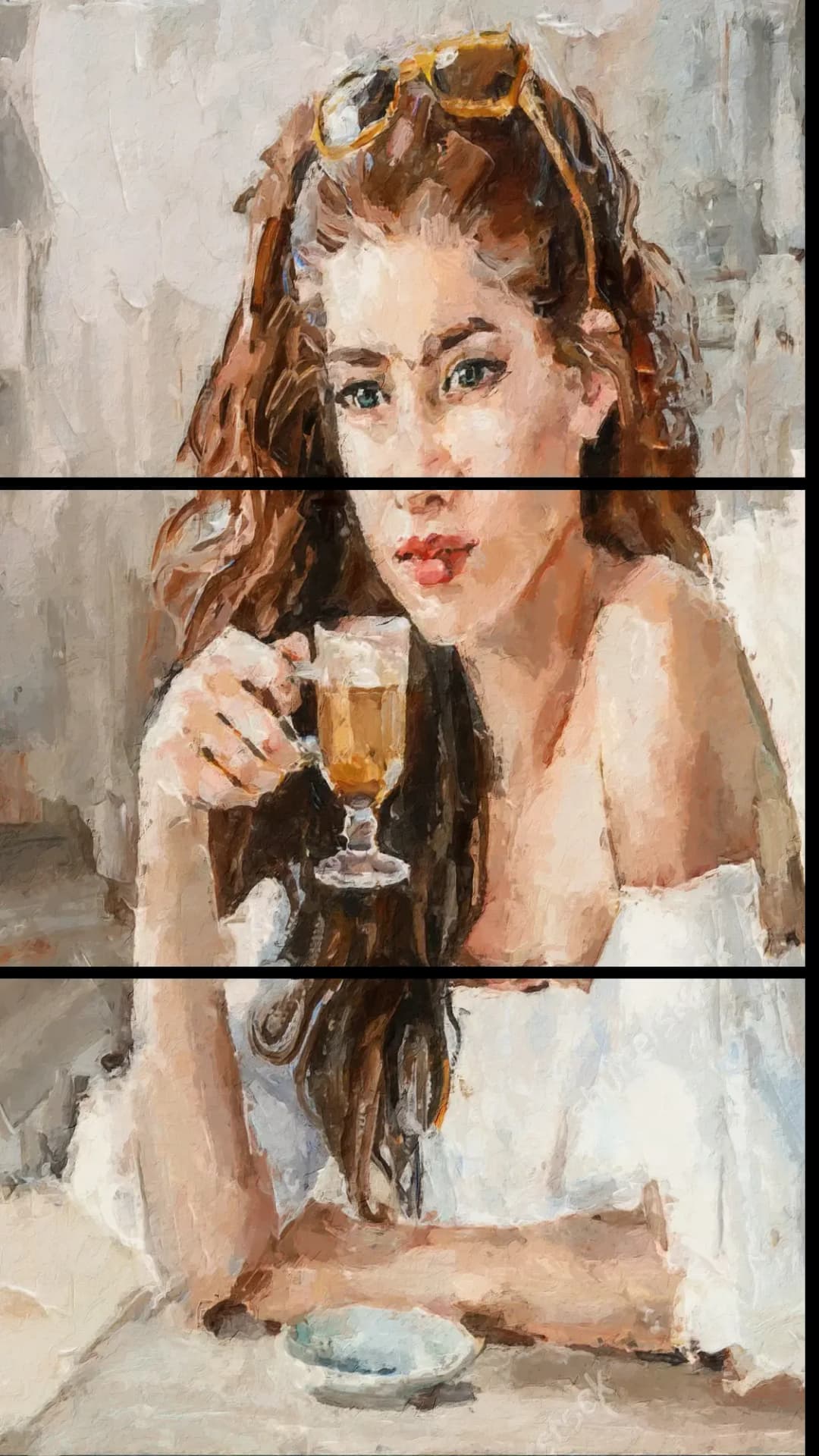 Woman Sipping Latte – 3 Panels