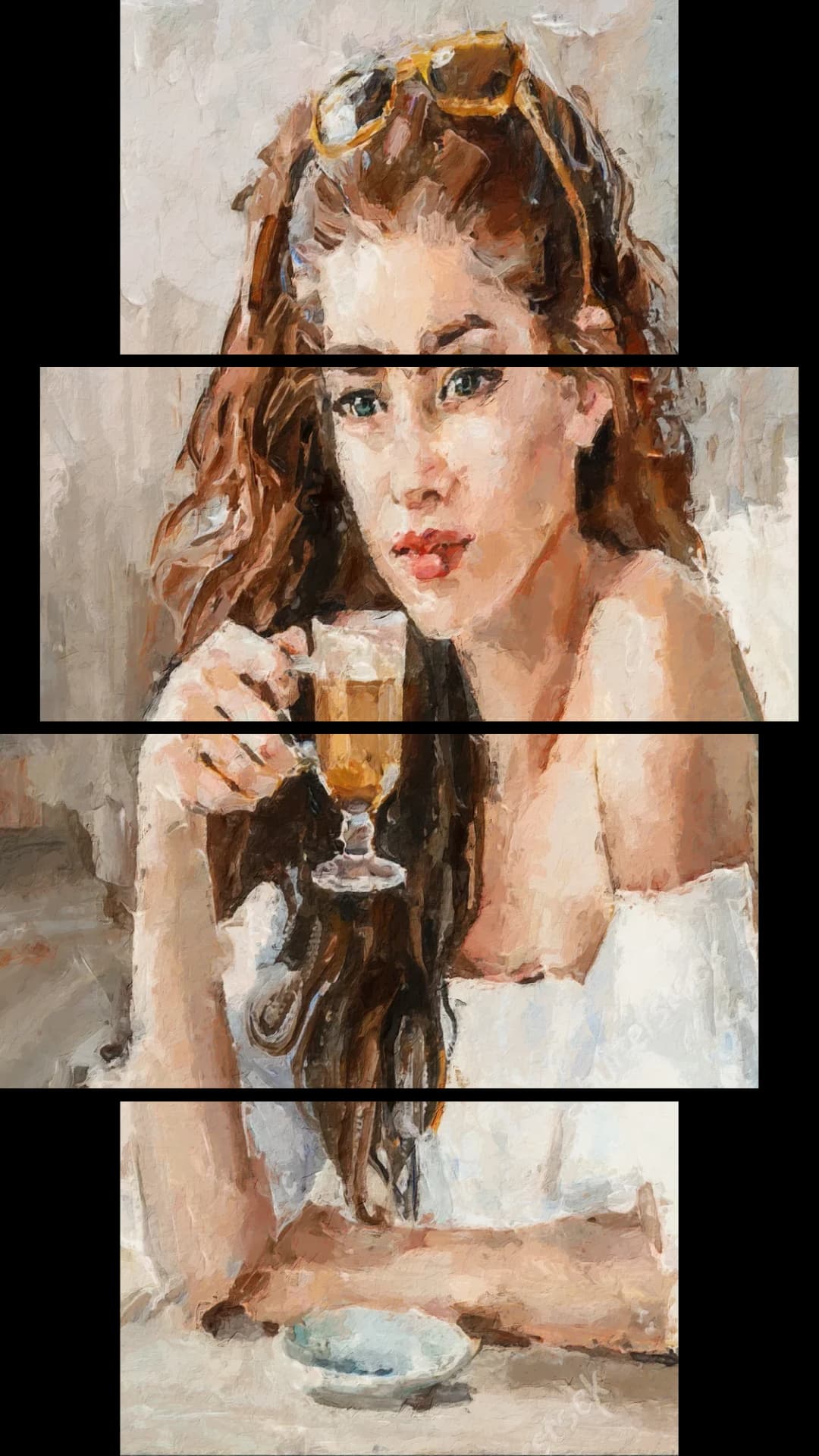 Woman Sipping Latte – 4 Panels